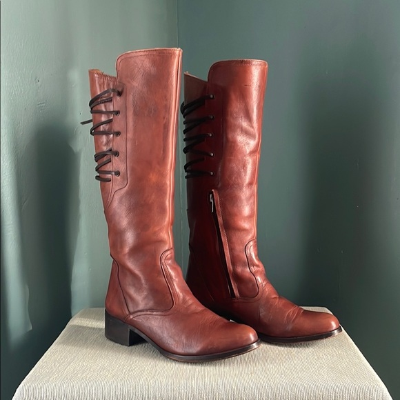 Brown distressed Leather Knee-High Boots lace up back Steve Madden - Picture 1 of 8